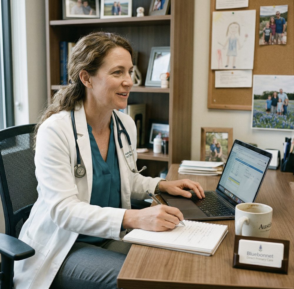 Dr. Maya Reyes at her desk, family photos and a bluebonnet field on the wall behind her