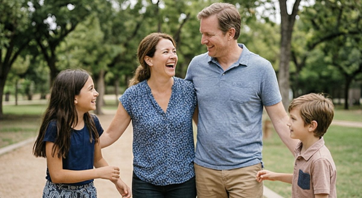 Dr. Maya Reyes laughing with her family on a walk in an Austin park