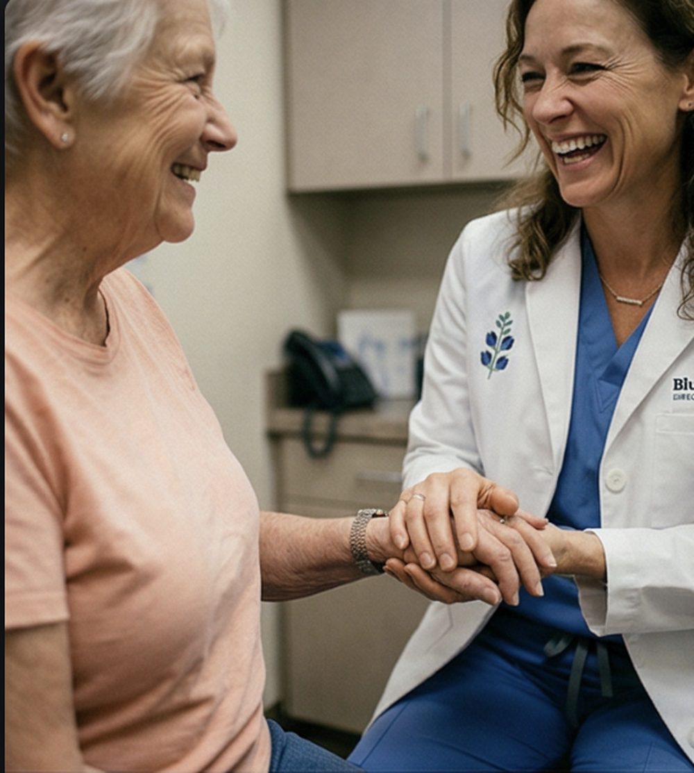 Dr. Maya Reyes laughing and holding an older patient's hands during a visit
