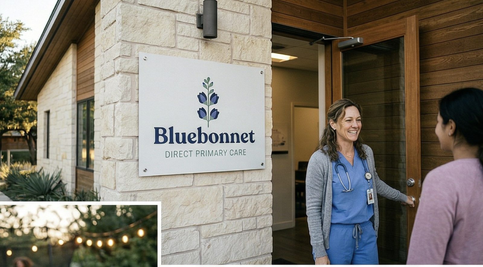 Dr. Reyes greeting a patient at the door of the Bluebonnet practice, a stone-fronted building in Austin